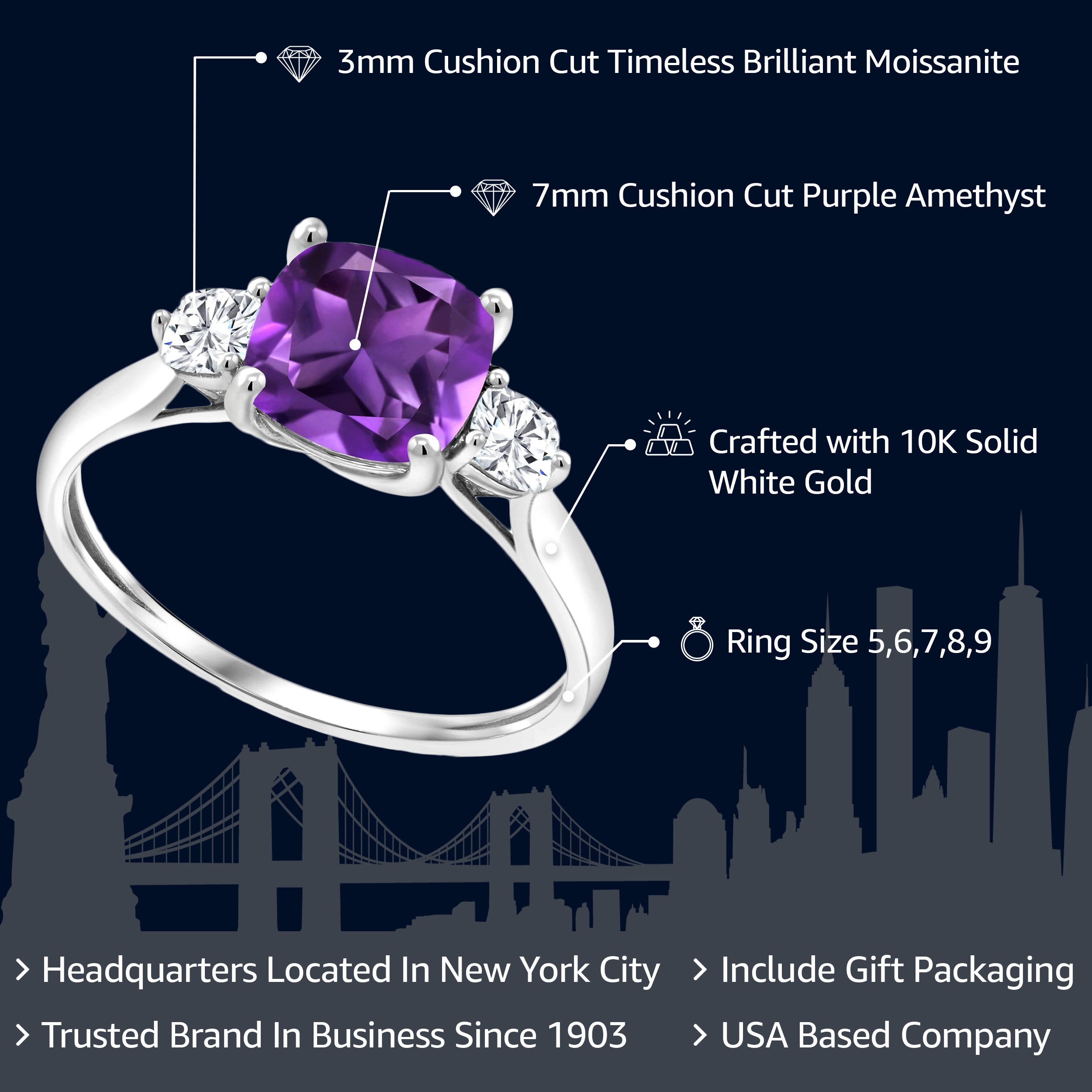 1.66 Cttw 10K White Gold Purple Amethyst and White Moissanite 3-Stone Engagement Ring | Three Stone Wedding Anniversary Promise Ring For Women | Size 5,6,7,8,9