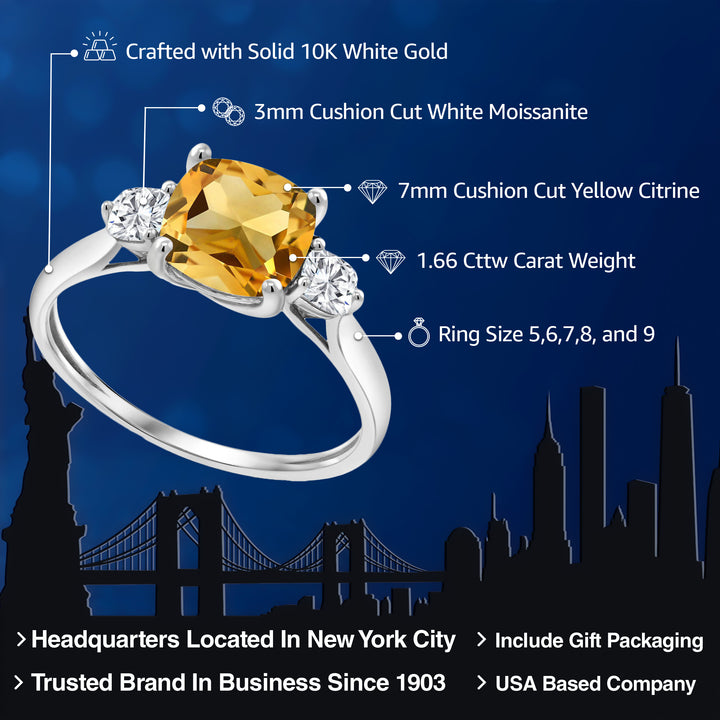 10K White Gold Yellow Citrine and White Moissanite 3 Stone Engagement Ring For Women | 1.66 Cttw, Cushion 7MM | Three Stone Wedding Anniversary Promise Ring For Women