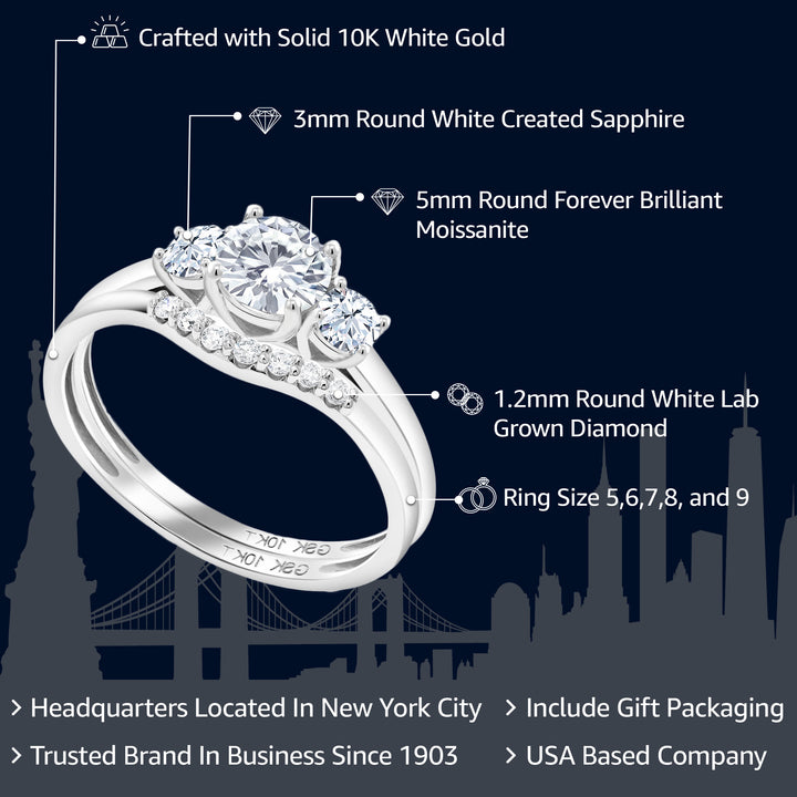 10K White Gold MoissaniteWhite Created Sapphire and Lab Grown Diamond 3-Stone Bridal Engagement Wedding Ring Set For Women | 0.83 Cttw | Available in Size 5,6,7,8,9