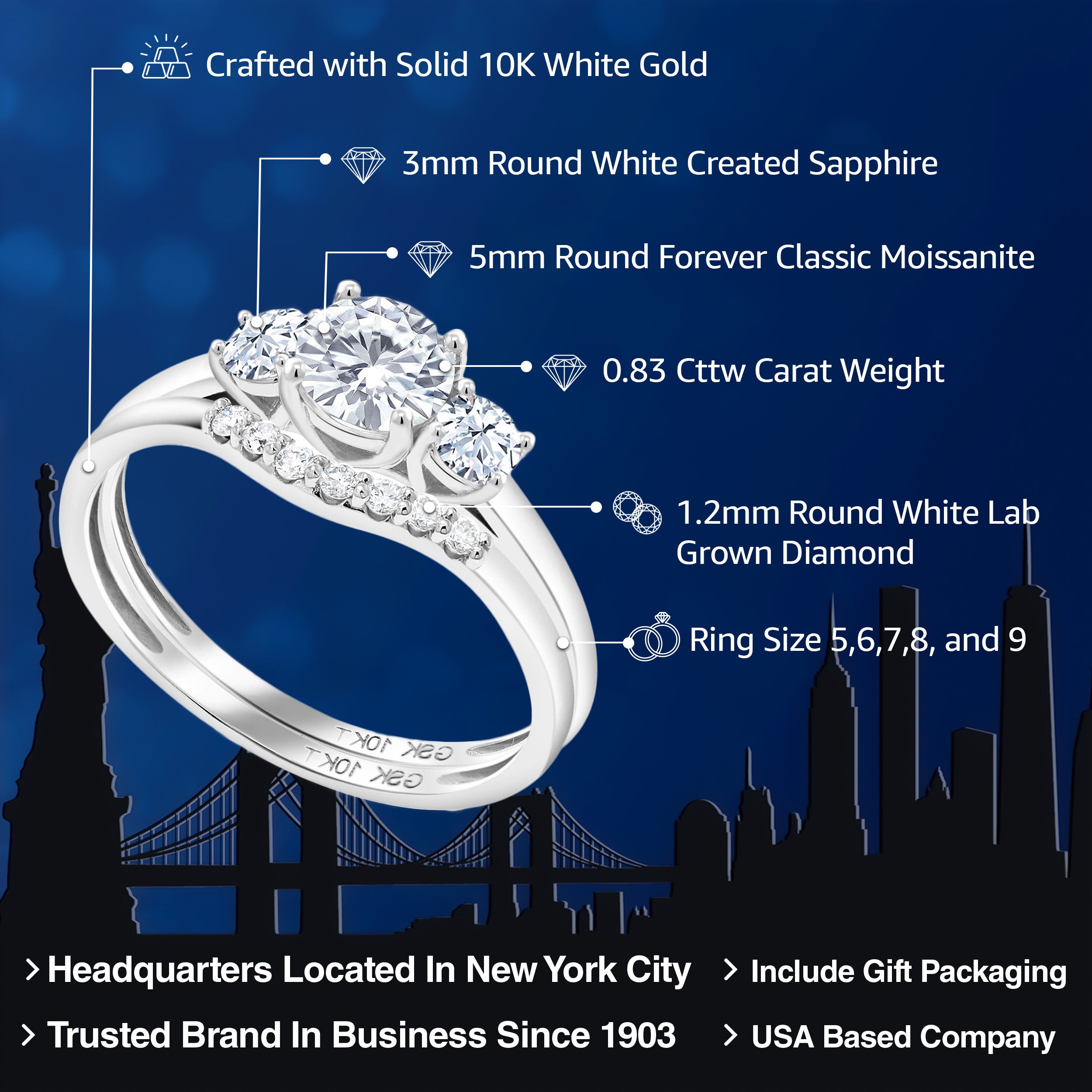 Moissanite - Created Sapphire and Lab Grown Diamond_6_Ring in 10K White Gold