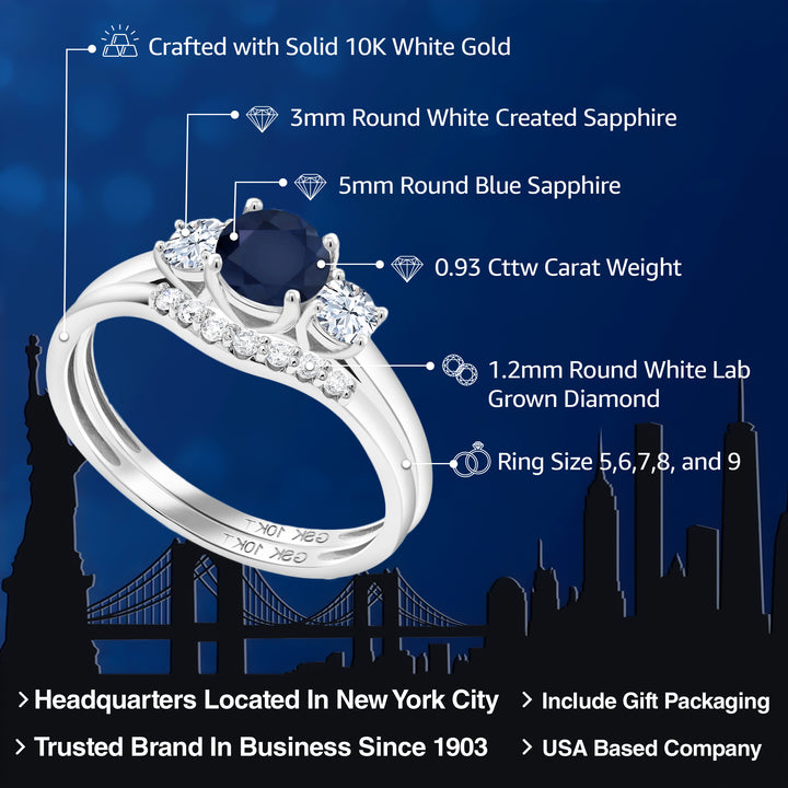 10K White Gold Sapphire & White Created Sapphire and Lab Grown Diamond 3-Stone Bridal Engagement Wedding Ring Set For Women | 0.93 Cttw | September Birthstone | Round 5MM