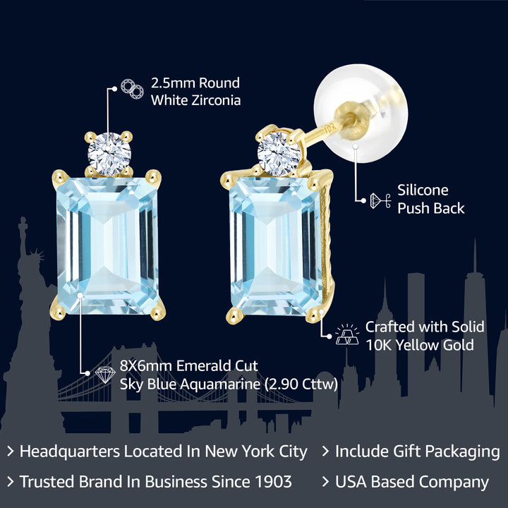 10K Yellow Gold Sky Blue Aquamarine Earrings | 2.90 Cttw | Gemstone Birthstone | Emerald Cut 8X6MM | Gold Earrings for Women