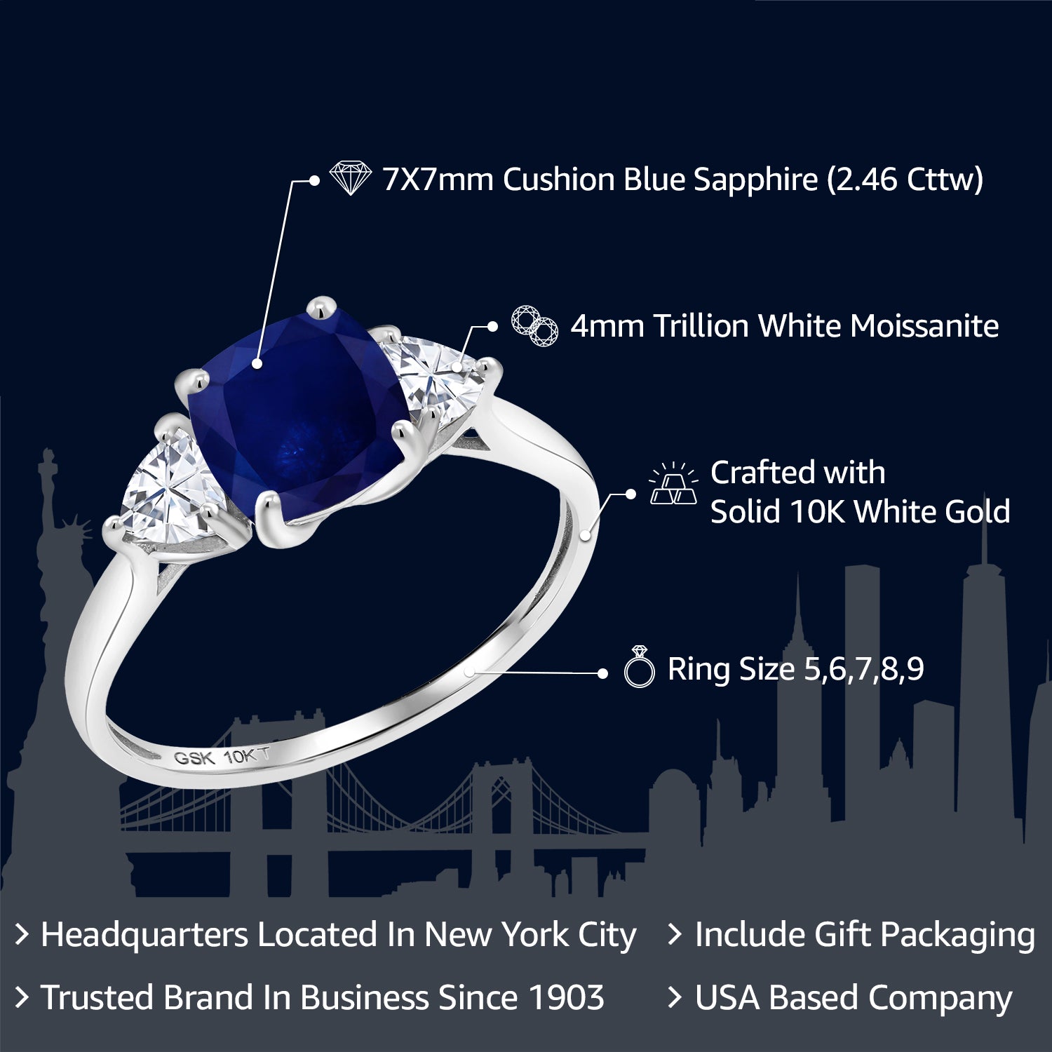 10K White Gold Blue Sapphire and White Moissanite Engagement Ring | 2.46 Cttw | 7MM Cushion and 4MM Trillion | Three Stone Wedding Engagement Anniversary Promise Ring For Women