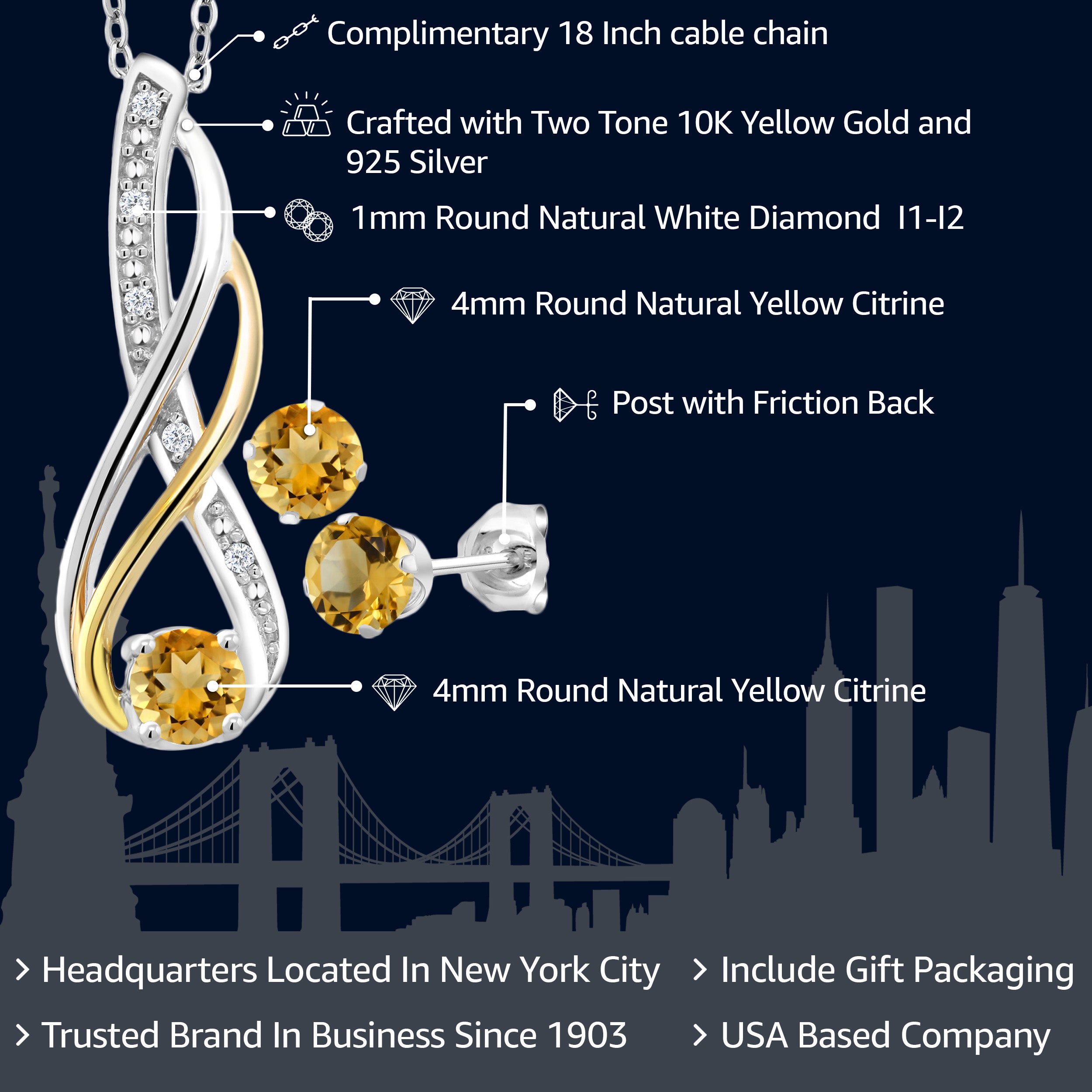 925 Sterling Silver and 10K Yellow Gold Yellow Citrine and Diamond Pendant and Earrings Jewelry Set For Women (0.82 Cttw, Gemstone Birthstone, with 18 Inch Chain)