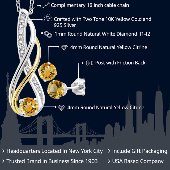 925 Sterling Silver and 10K Yellow Gold Yellow Citrine and Diamond Pendant and Earrings Jewelry Set For Women (0.82 Cttw, Gemstone Birthstone, with 18 Inch Chain)