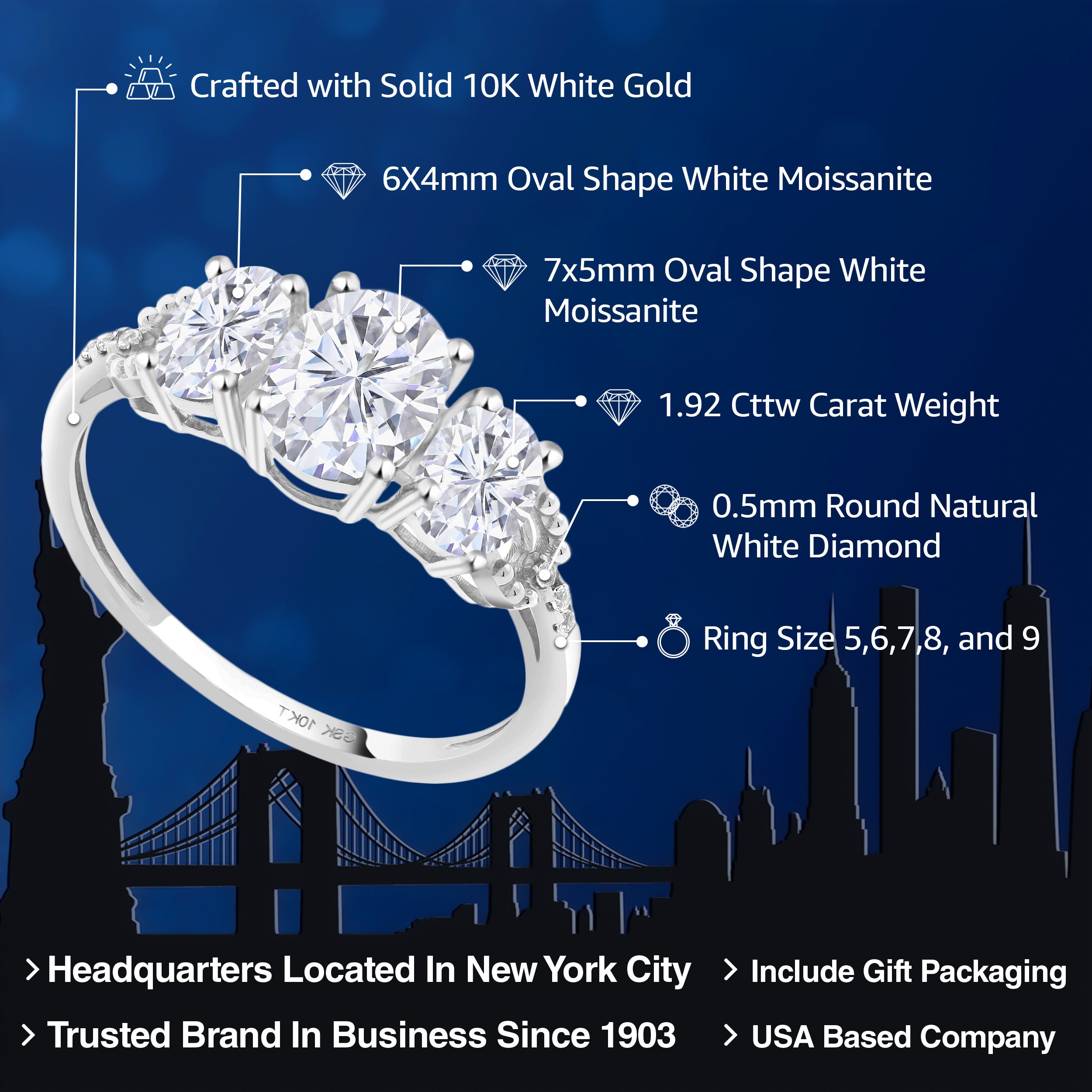 10K White Gold White Moissanite and White Diamond 3-Stone Engagement Ring | 1.92 Cttw | Three Stone Wedding Anniversary Promise Ring For Women