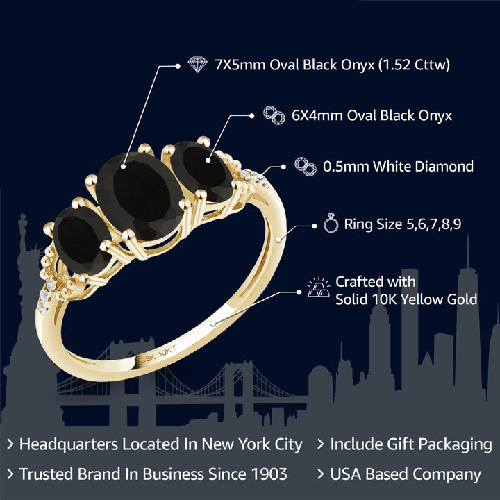 1.52 Cttw 10K Yellow Gold Oval Black Onyx and Diamond Accent 3-Stone Engagement Ring | Three Stone Wedding Anniversary Promise Ring For Women | Size 5,6,7,8,9