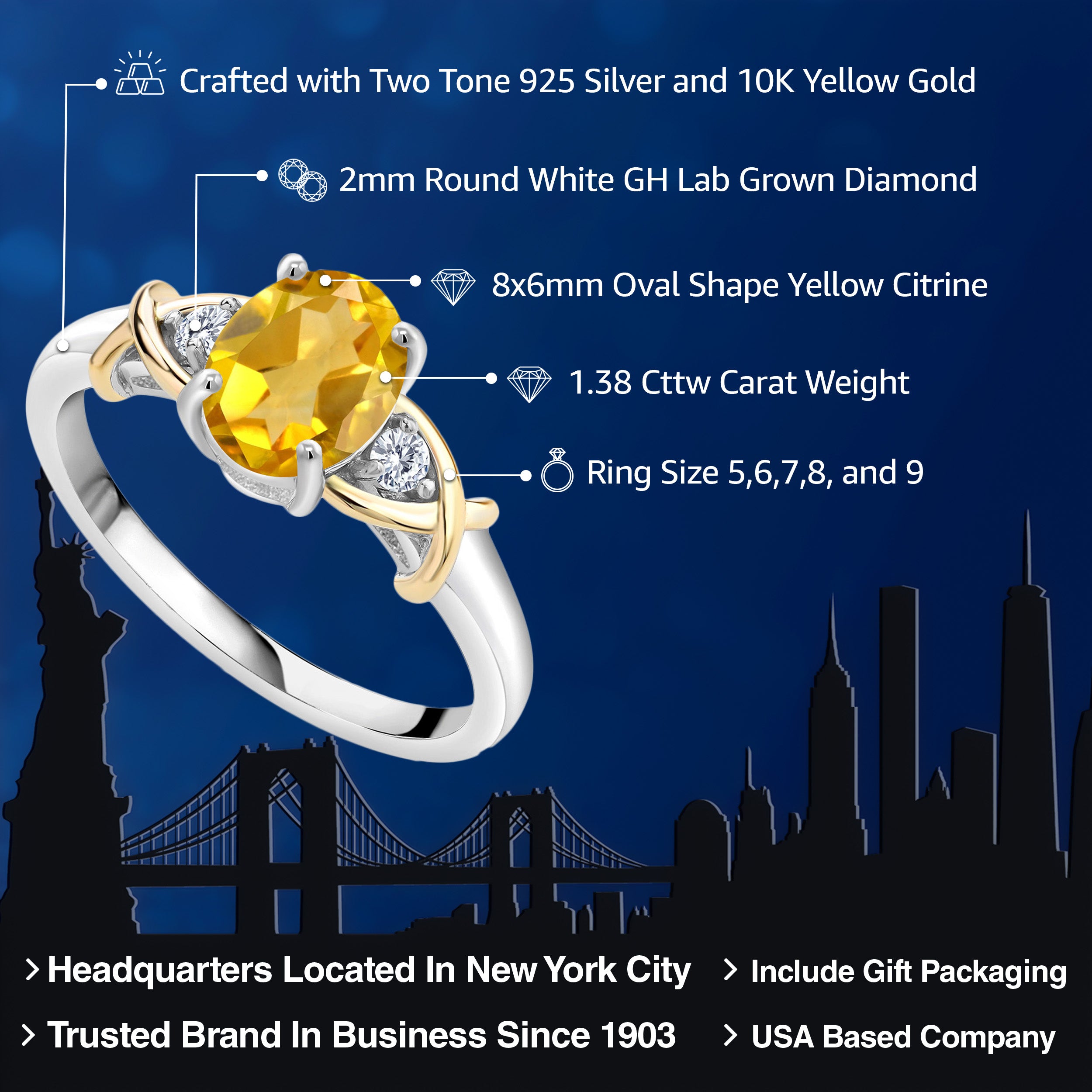 2 Tone 10K Yellow Gold and 925 Sterling Silver Yellow Citrine and Lab Grown Diamond Engagement Ring For Women (1.38 Cttw, Gemstone Birthstone, Available In Size 5, 6, 7, 8, 9)