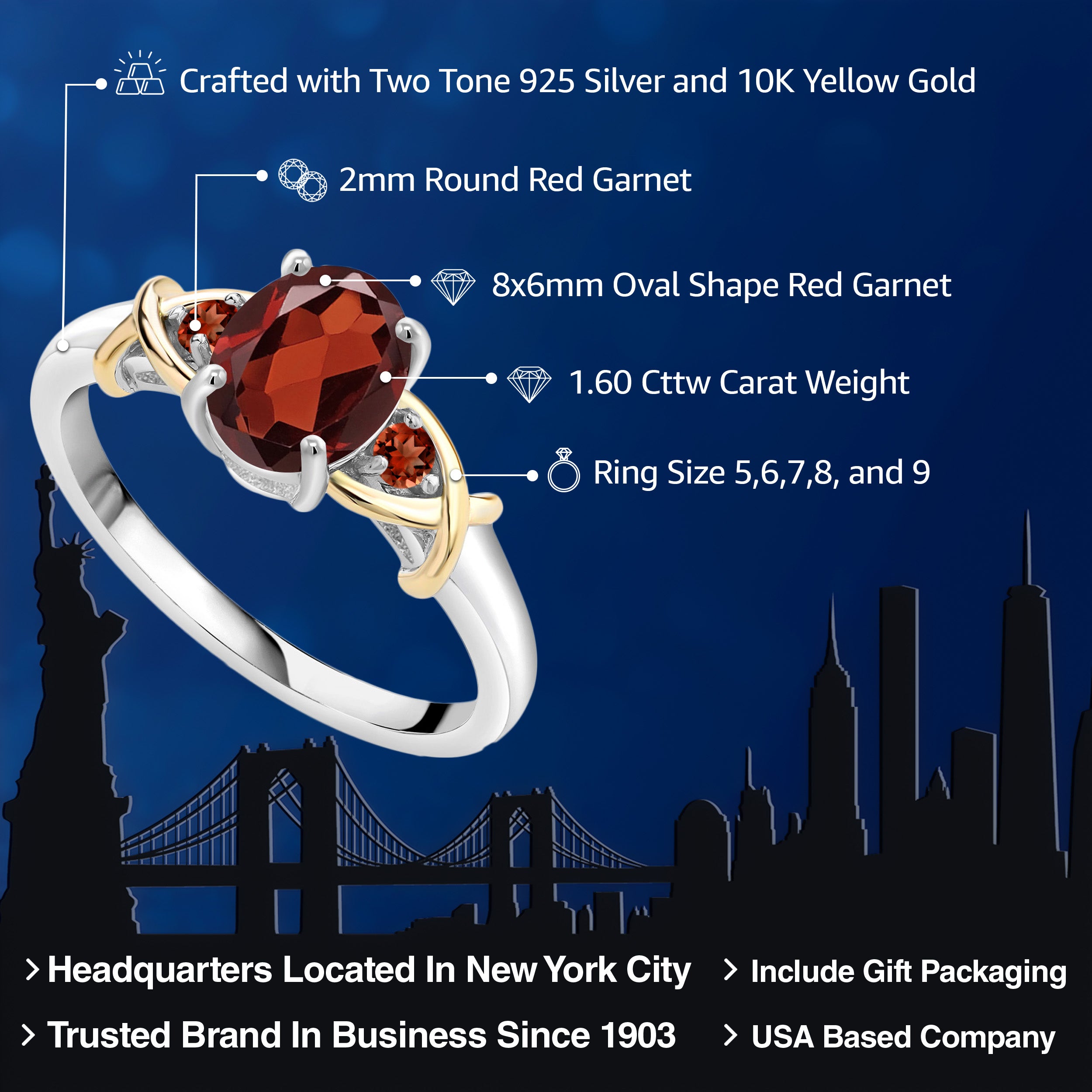 925 Sterling Silver and 10K Yellow Gold Red Garnet Ring For Women (1.60 Cttw, Oval 8X6MM, Gemstone Birthstone, Available In Size 5, 6, 7, 8, 9)