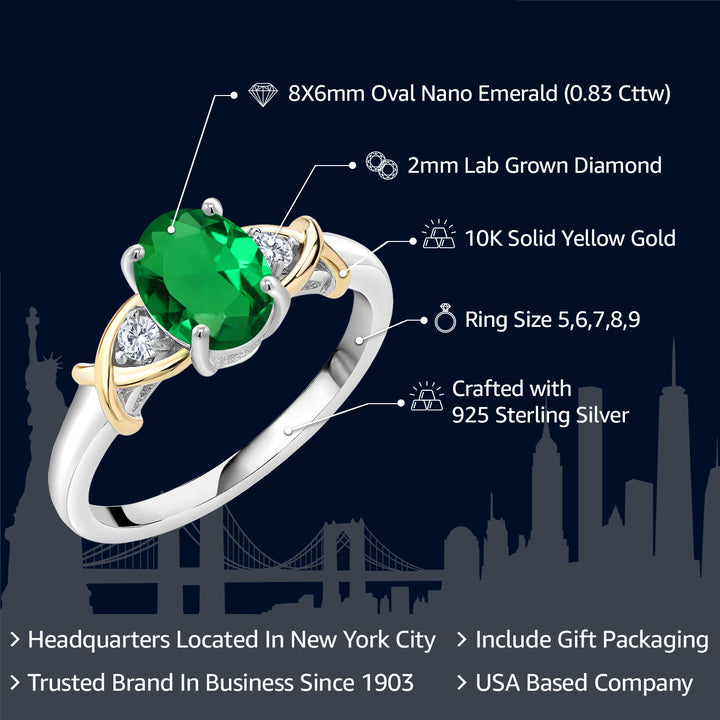 10K Yellow Gold and 925 Sterling Silver Green Nano Emerald and Lab Grown Diamond Engagement Ring For Women | 0.83 Cttw | Oval 8X6MM | Size 5-9