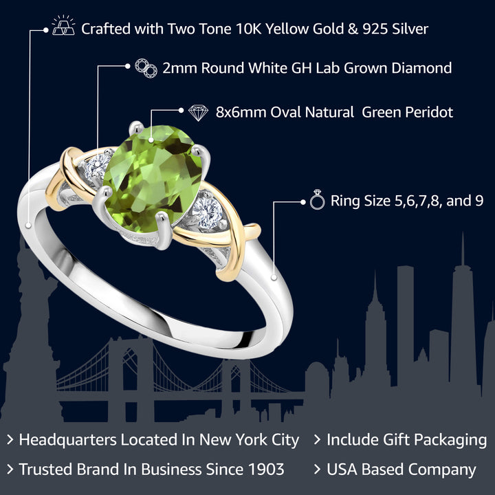 2 Tone 10K Yellow Gold and 925 Sterling Silver Green Peridot and White Lab Grown Diamond Ring For Women (1.50 Cttw, Gemstone Birthstone, Available In Size 5, 6, 7, 8, 9)