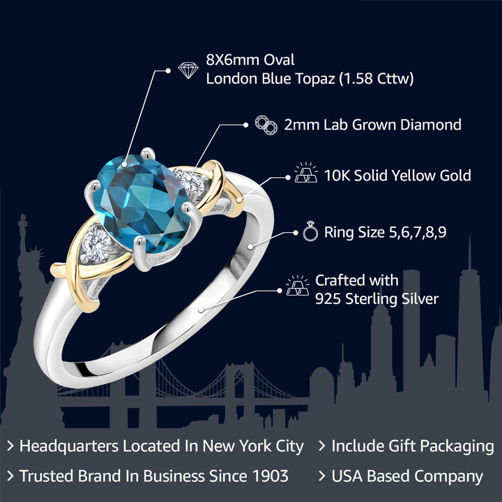 10K Yellow Gold and 925 Sterling Silver London Blue Topaz and White Lab Grown Diamond Ring For Women (1.58 Cttw, Available in size 5, 6, 7, 8, 9)