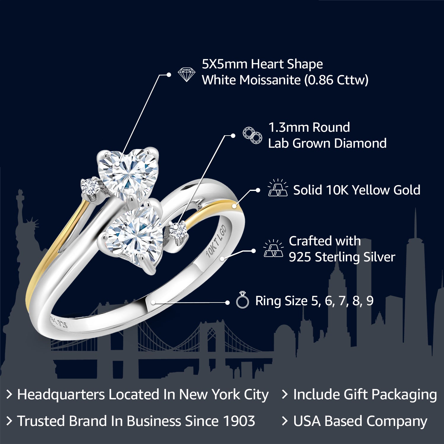 925 Silver and 10K Yellow Gold Heart Shape White Moissanite and White Lab Grown Diamond Two Tone 2 Heart Promise Couple Women Engagement Mother Ring (0.86 Cttw, Available In Size 5, 6, 7, 8, 9)