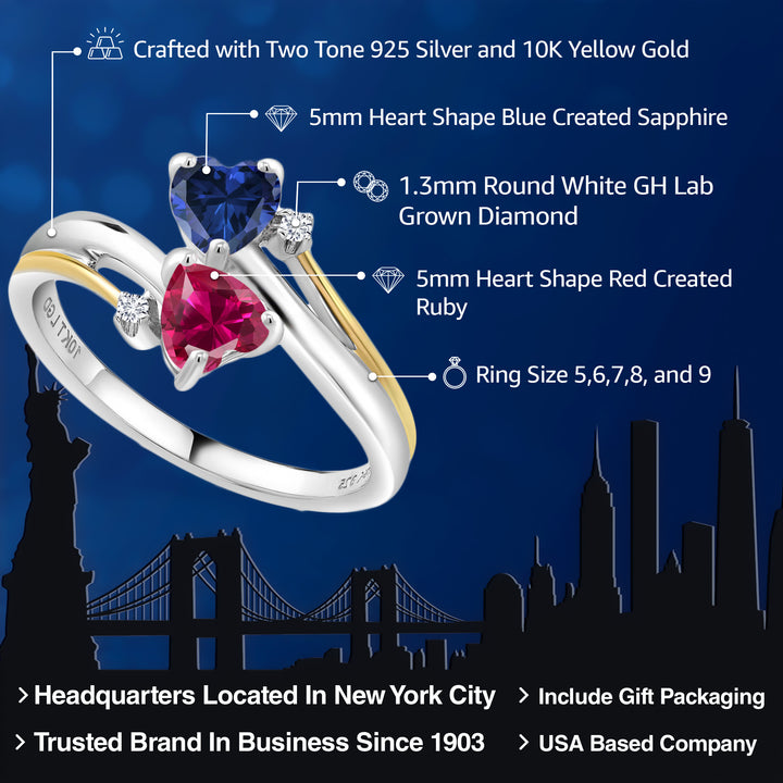 925 Silver and 10K Yellow Gold Blue Created Sapphire Red Created Ruby and Lab Grown Diamond 2 Heart Promise Couple Engagement Mother Ring For Women (1.12 Cttw, Available In Size 5, 6, 7, 8, 9)