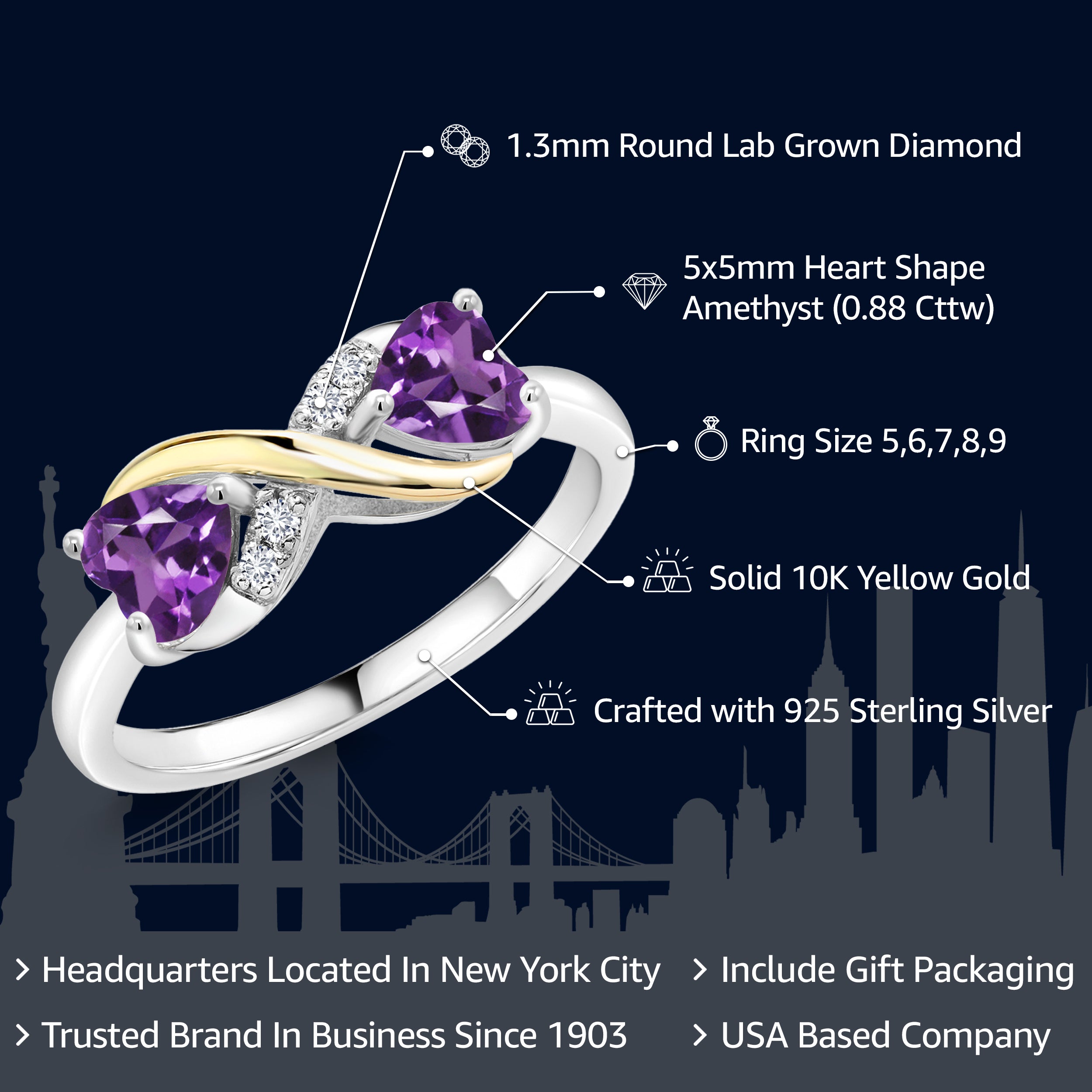 925 Sterling Silver and 10K Yellow Gold Heart Shape Purple Amethyst and White Lab Grown Diamond Women Ring (0.88 Cttw, Gemstone Birthstone, Available In Size 5, 6, 7, 8, 9)