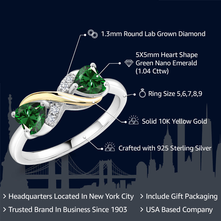 925 Sterling Silver and 10K Yellow Gold Green Nano Emerald and White Lab Grown Diamond Ring For Women (1.04 Cttw, Heart Shape 5MM, Available in size 5, 6, 7, 8, 9)