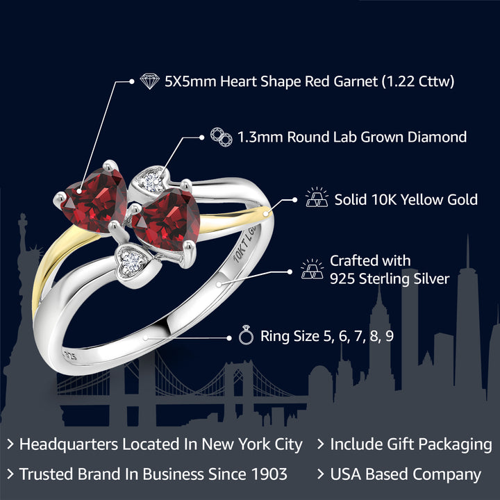 925 Silver and 10K Yellow Gold Red Garnet and White Lab Grown Diamond Ring For Women (1.22 Cttw, January Birthstone, Heart Shape 5MM, Available in Size 5,6,7,8,9)