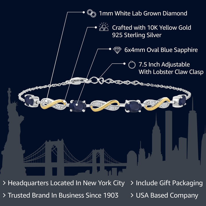 925 Sterling Silver and 10K Yellow Gold Oval Blue Sapphire and White Lab Grown Diamond Infinity Tennis Bracelet For Women (2.27 Cttw , Fully Adjustable Up to 7.5 Inch)