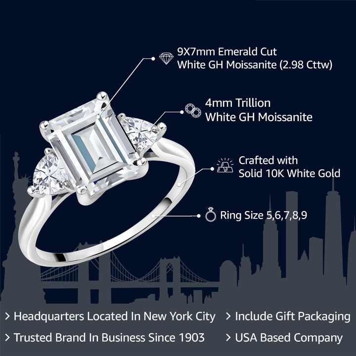 10K White Gold Moissanite Ring | 2.98 Cttw | Emerald Cut 9X7MM | Trillion 4MM | Three Stone Wedding Engagement Anniversary Promise 3-Stone White Gold Ring For Women