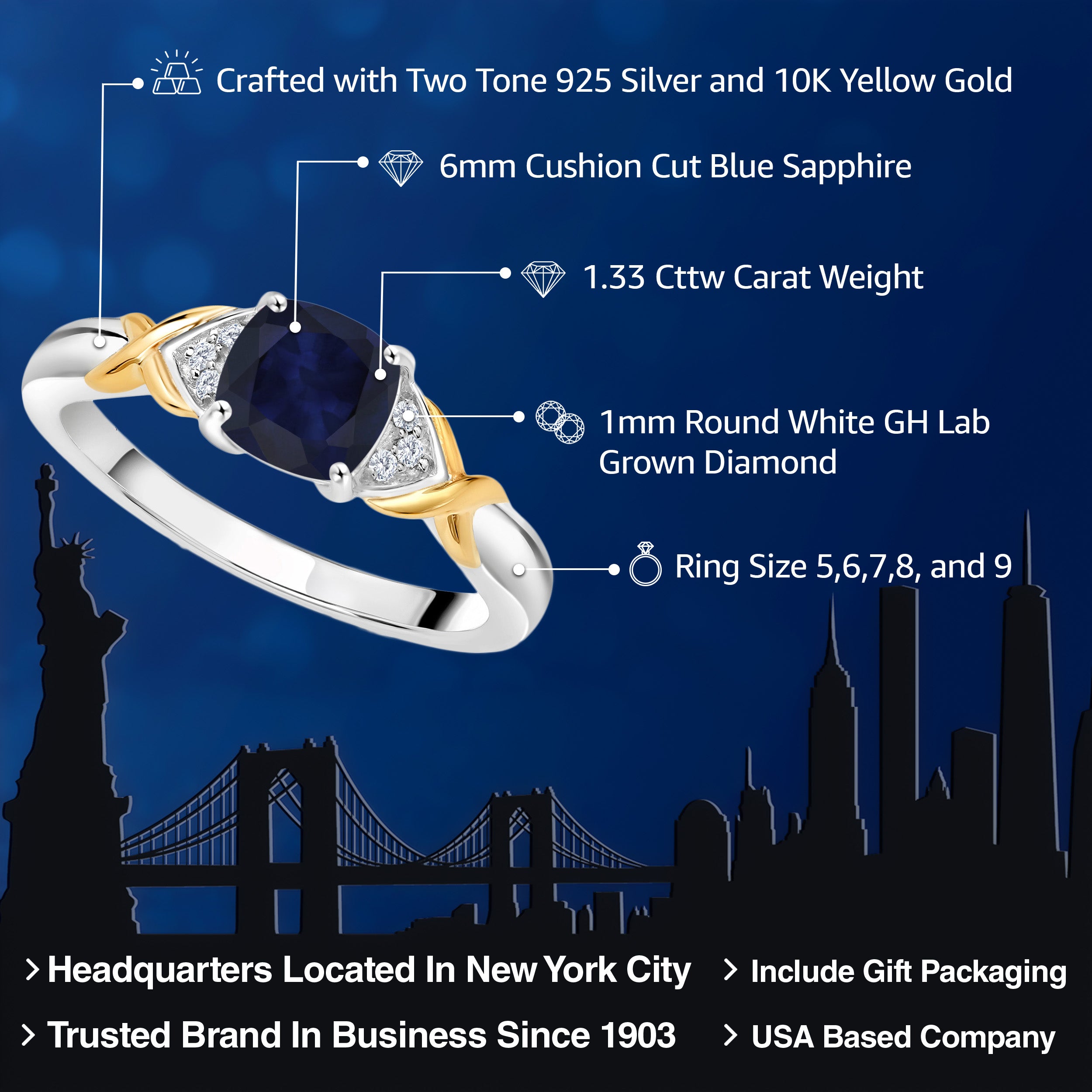 925 Sterling Silver and 10K Yellow Gold 2 Tone Blue Sapphire and White Lab Grown Diamond Engagement Ring For Women (1.33 Cttw, Cushion 6MM, Available In Size 5, 6, 7, 8, 9)