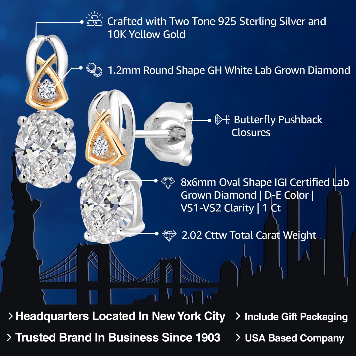 Earrings in 925 Sterling Silver and 10K Yellow Gold