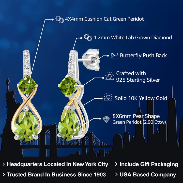 925 Sterling Silver and 10K Yellow Gold Pear Shape Green Peridot and White Lab Grown Diamond Dangle Earrings For Women (2.90 Cttw, Pear Shape 8X6MM)