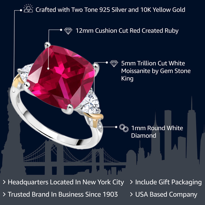 925 Silver and 10K Yellow Red Created Ruby White Moissanite and Diamond Ring For Women (8.95 Cttw, 12MM Cushion and 5MM Trillion, Available in Size 5,6,7,8,9)