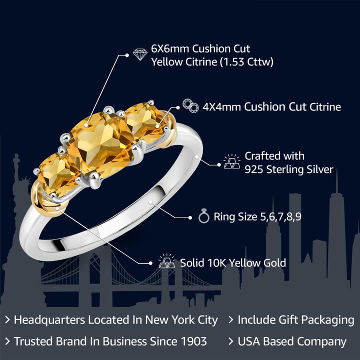 925 Sterling Silver and 10K Yellow Gold Yellow Citrine 3 Stone Engagement Ring For Women (1.53 Cttw, Cushion Cut 6MM and 4MM, Available In Size 5, 6, 7, 8, 9)