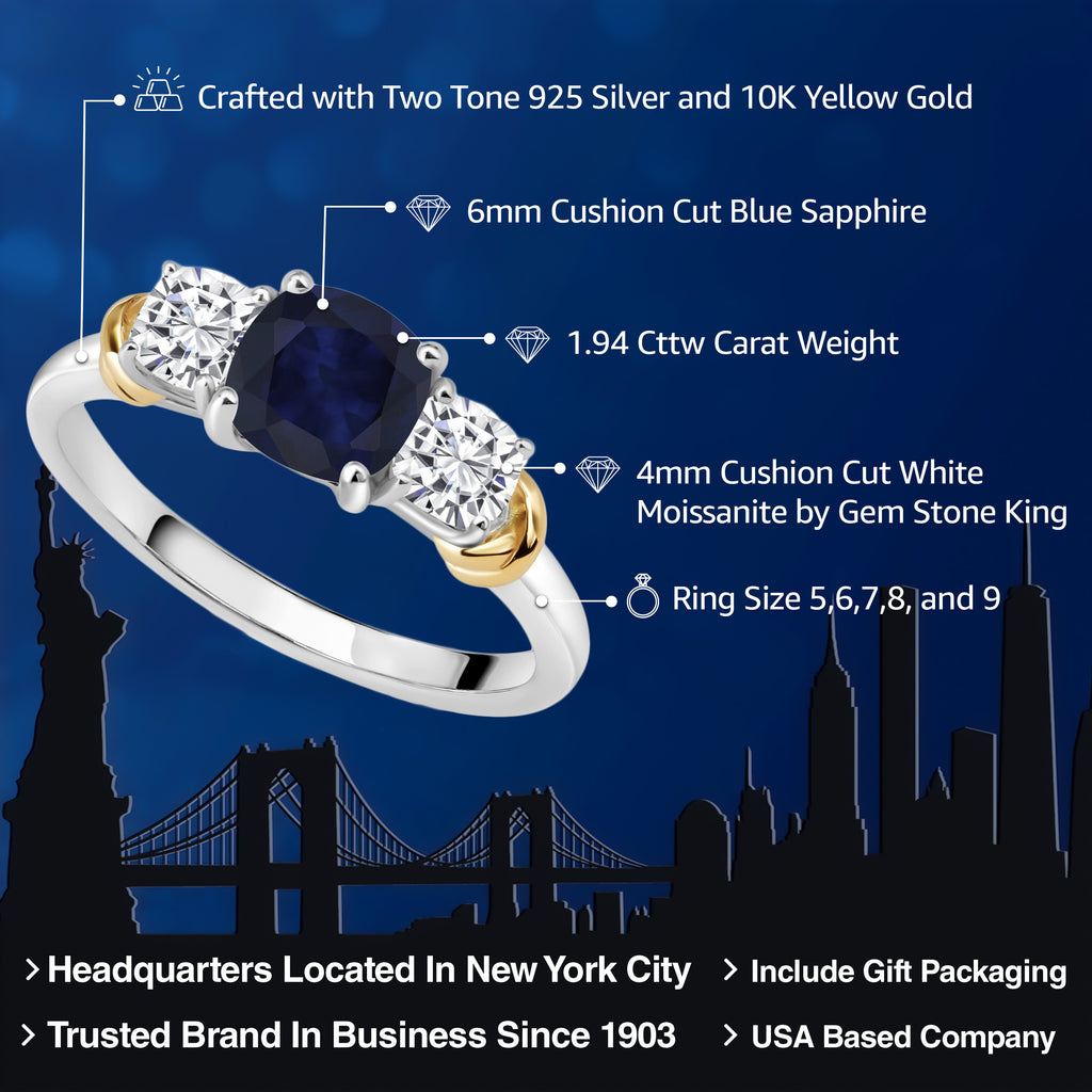 Sapphire and Moissanite_7_Ring in 925 Sterling Silver and 10K Yellow Gold