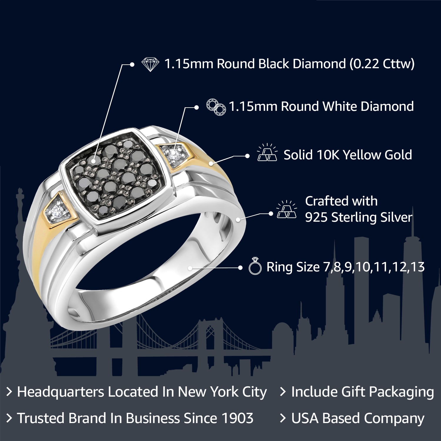 Men's 925 Sterling Silver and 10K Yellow Gold Black and White Diamond Ring (0.22 Cttw, Available In Size 7, 8, 9, 10, 11, 12, 13)