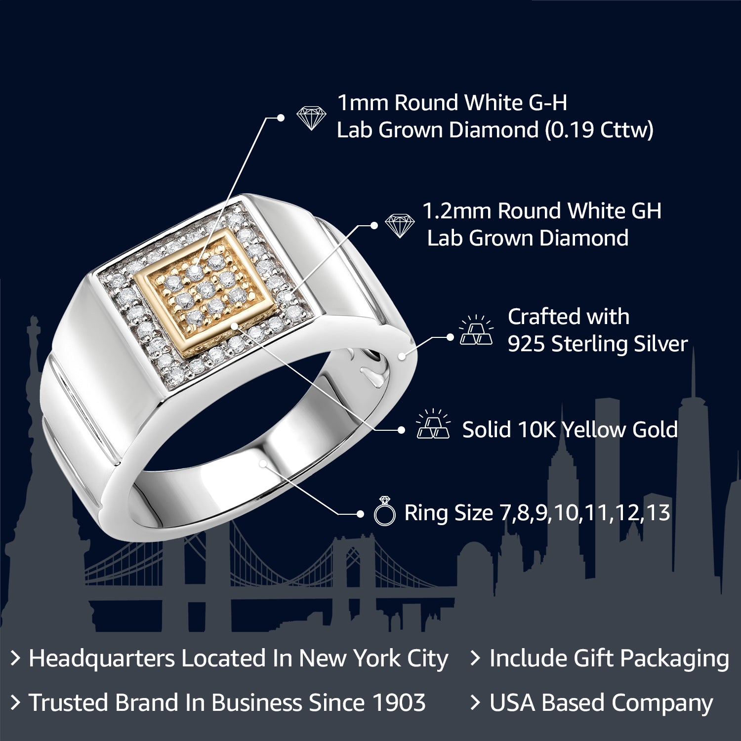 Men's 10K Yellow Gold and 925 Sterling Silver 2 Tone White Lab Grown Diamond Ring (0.19 Cttw, Available In Size 7, 8, 9, 10, 11, 12, 13)