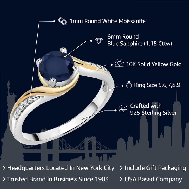 925 Sterling Silver and 10K Yellow Gold Round Blue Sapphire and White Moissanite Women Engagement Ring (1.15 Cttw, Gemstone Birthstone, Available In Size 5, 6, 7, 8, 9)