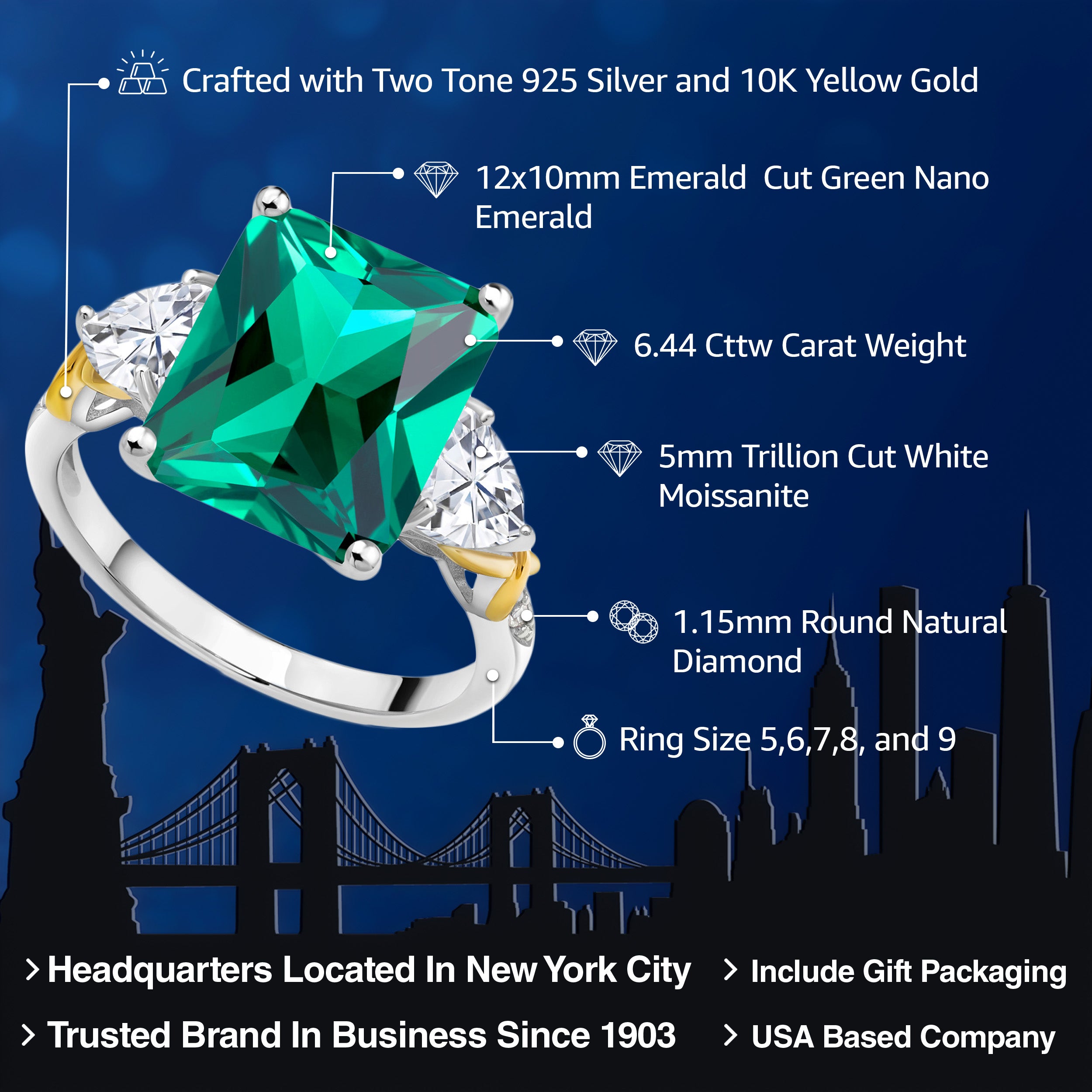 925 Silver and 10K Yellow Gold Green Nano Emerald Moissanite and Diamond 3 Stone Ring For Women (6.44 Cttw, Gemstone May Birthstone, Emerald Cut 12X10MM, Available In Size 5, 6, 7, 8, 9)