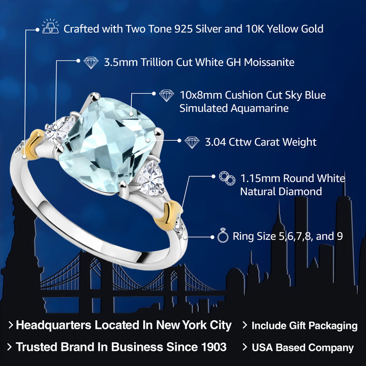 925 Silver and 10K Yellow Gold Sky Blue Simulated Aquamarine White Moissanite and Diamond Women Ring (3.04 Cttw, Available In Size 5, 6, 7, 8, 9)