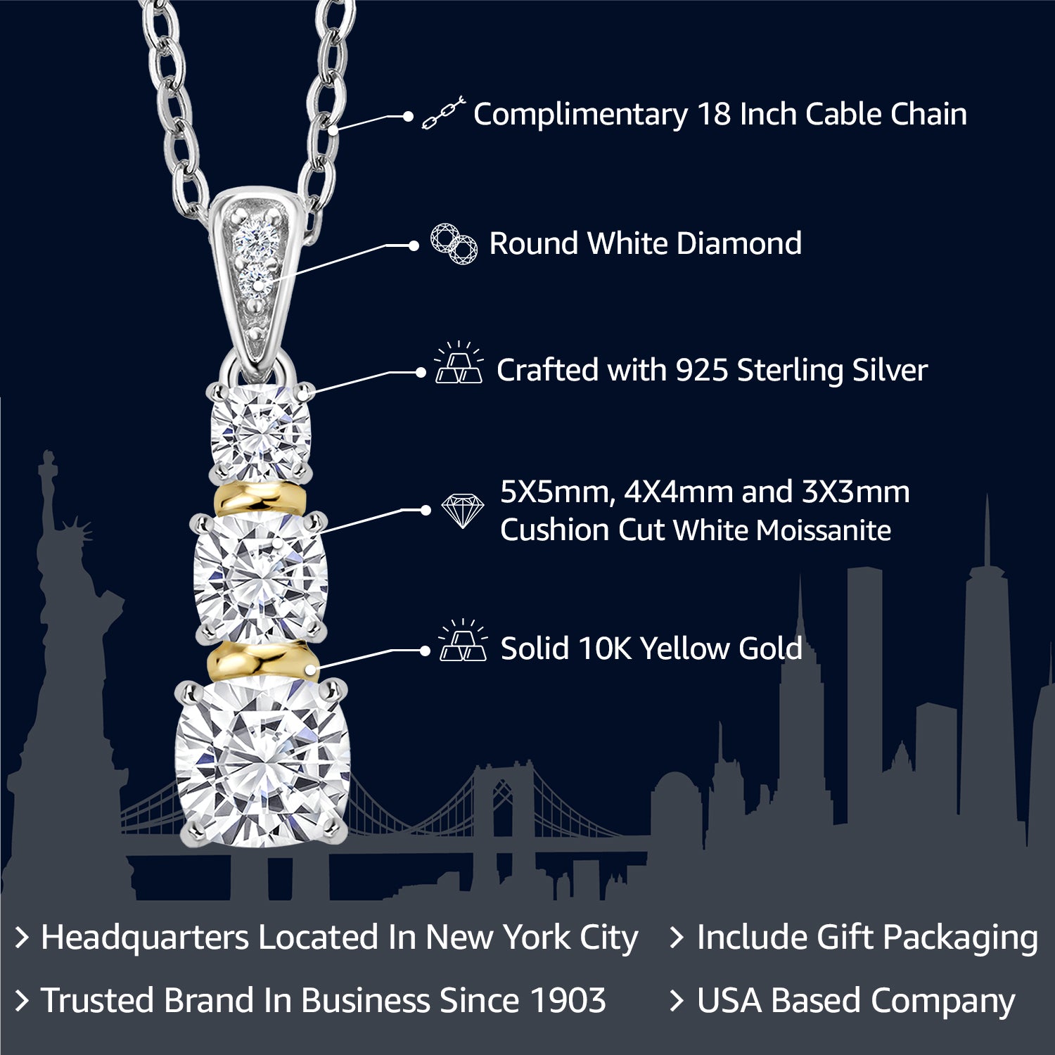 925 Sterling Silver and 10K Yellow Gold White Moissanite and White Diamond 3 Stone Pendant Necklace For Women (1.08 Cttw, Cushion 5MM, 4MM and 3MM, with 18 Inch Chain)