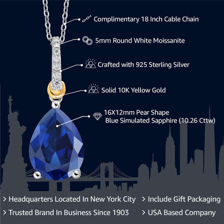 925 Sterling Silver and 10K Yellow Gold Pear Shape Blue Simulated Sapphire and White Moissanite Pendant Necklace For Women (10.26 Cttw with 18 Inch Chain)