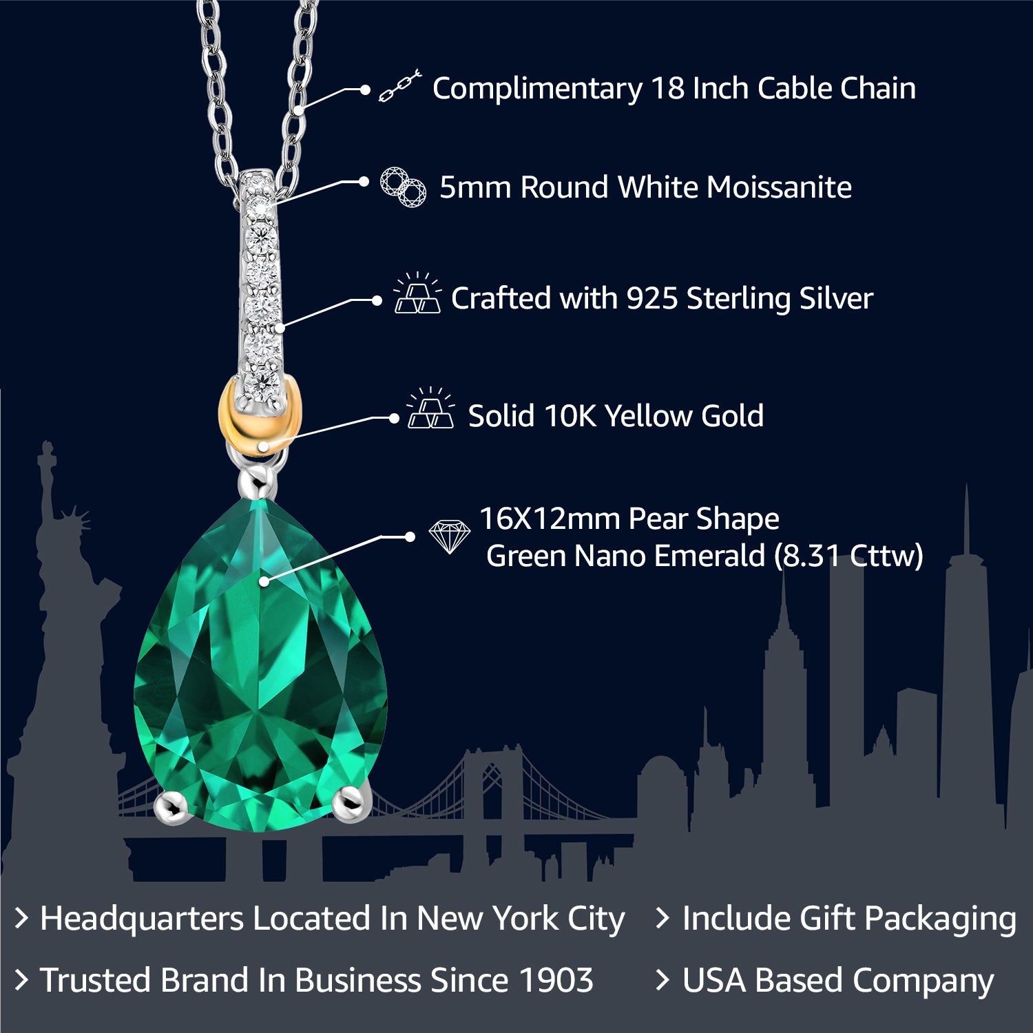 925 Sterling Silver and 10K Yellow Gold Green Nano Emerald and White Moissanite Pendant Necklace For Women (8.31 Cttw, Pear Shape 16X12MM, with 18 Inch Chain)