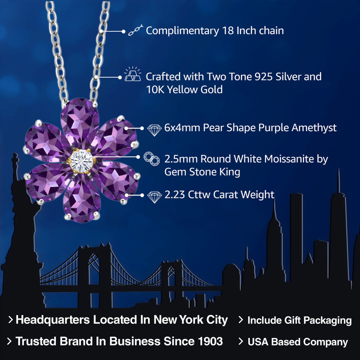 925 Sterling Silver and 10K Yellow Gold Purple Amethyst and White Moissanite Pear Shape Flower Pendant Necklace For Women (2.23 Cttw, Gemstone Birthstone, with 18 Inch Chain)