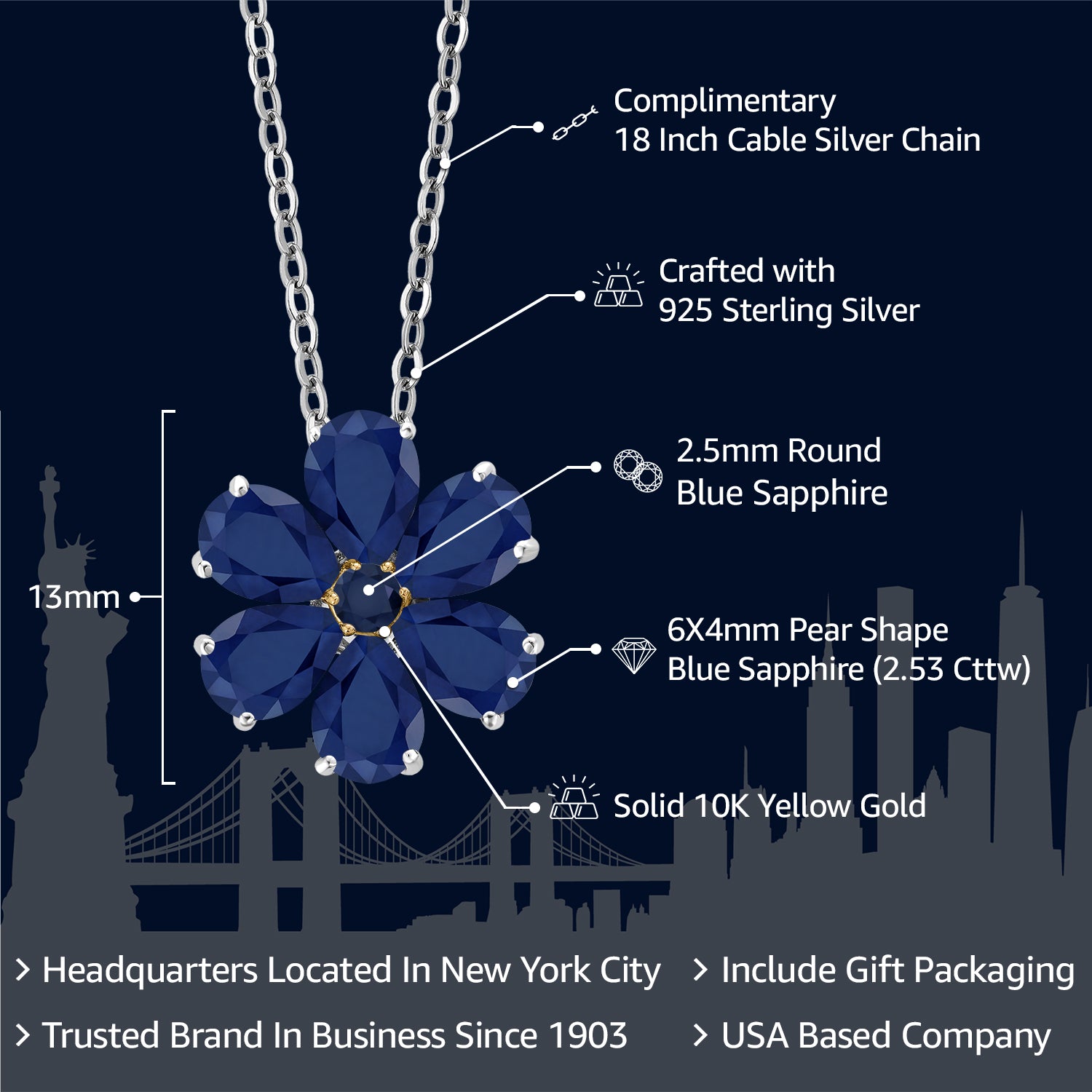 925 Sterling Silver and 10K Yellow Gold Blue Sapphire Pear Shape Flower Pendant Necklace For Women (3.06 Cttw, 6X4MM, Gemstone Birthstone, with 18 Inch Chain)