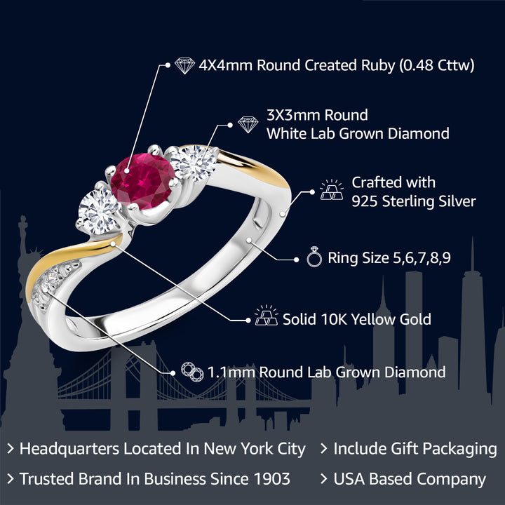 925 Sterling Silver and 10K Yellow Gold Red Created Ruby and White Lab Grown Diamond 3 Stone Engagement Ring For Women (0.48 Cttw, Gemstone July Birthstone, Available In Size 5, 6, 7, 8, 9)