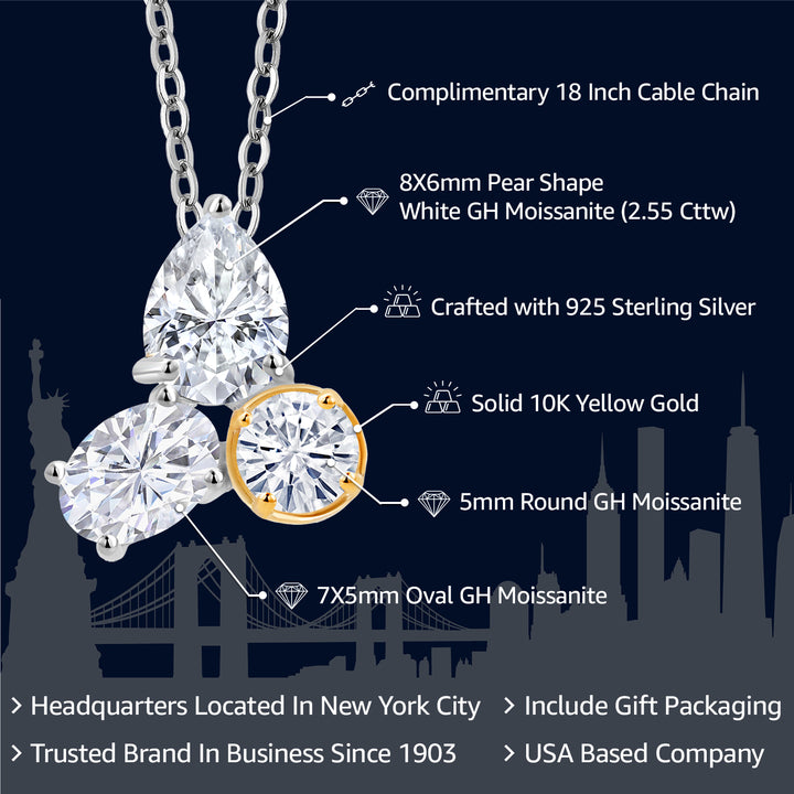 925 Silver and 10K Yellow Gold White Moissanite 3 Stone Pendant Necklace for Women | 2.55 Cttw | Gemstone Birthstone | Pear Shape 8X6MM | Oval 7X5MM | Round 5MM | with 18 Inch Chain