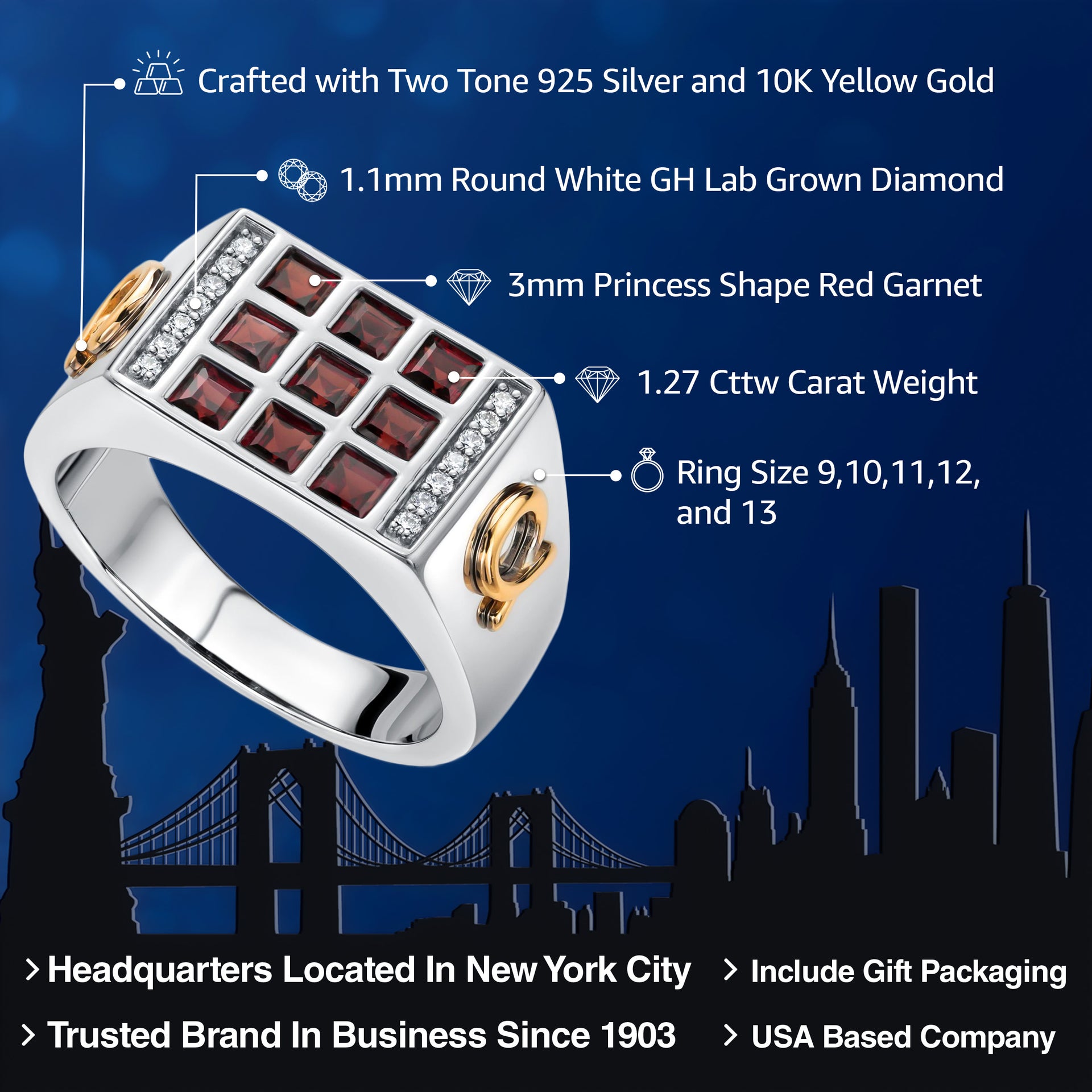 Men's 10K Yellow Gold and 925 Sterling Silver Red Garnet and White Lab Grown Diamonds Ring (1.27 Cttw, Available In Sizes 9 to 13)