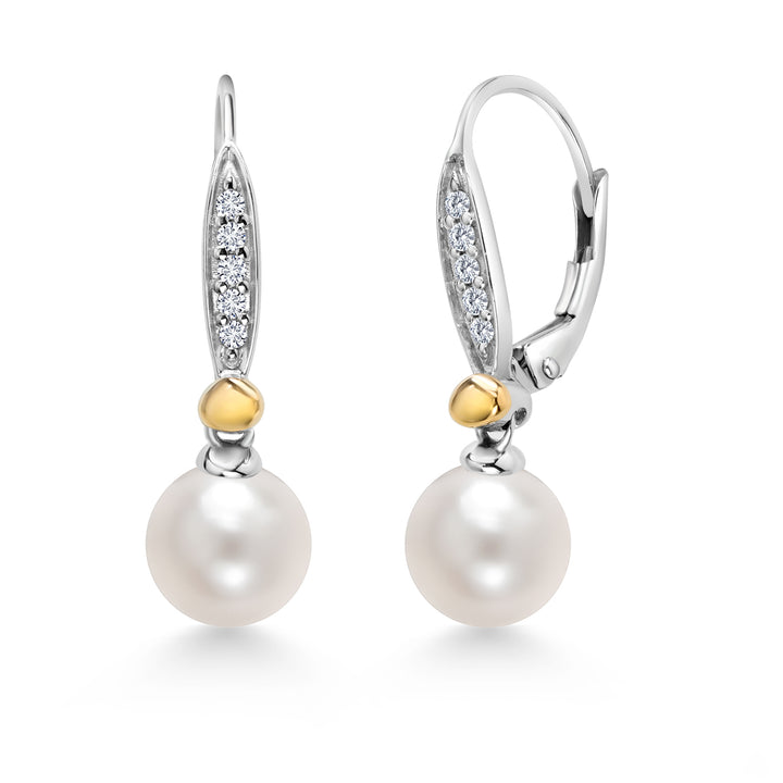 925 Sterling Silver and 10K Yellow Gold 6.5-7MM Cultured Freshwater Pearl and White Lab Grown Diamond Leverback Dangle Earrings For Women