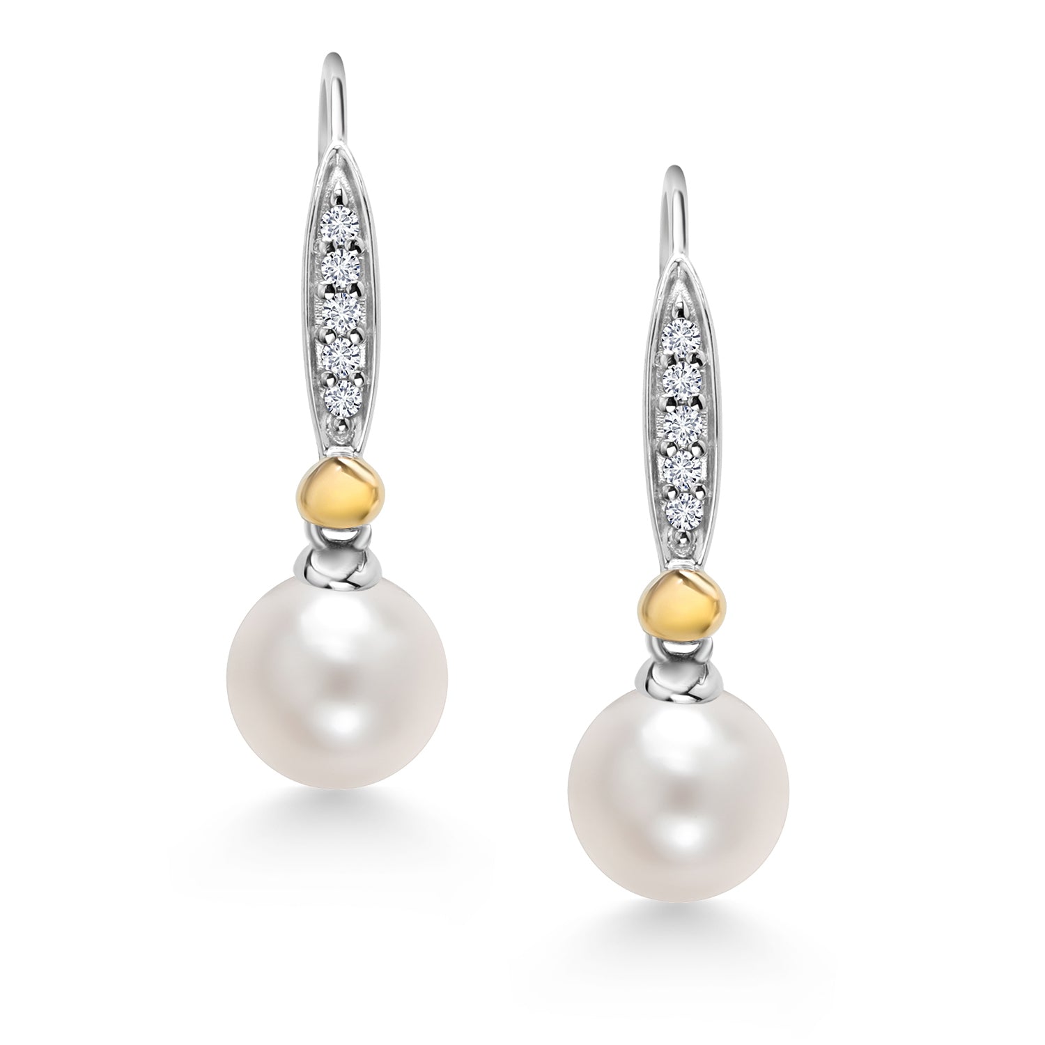 925 Sterling Silver and 10K Yellow Gold 6.5-7MM Cultured Freshwater Pearl and White Lab Grown Diamond Leverback Dangle Earrings For Women