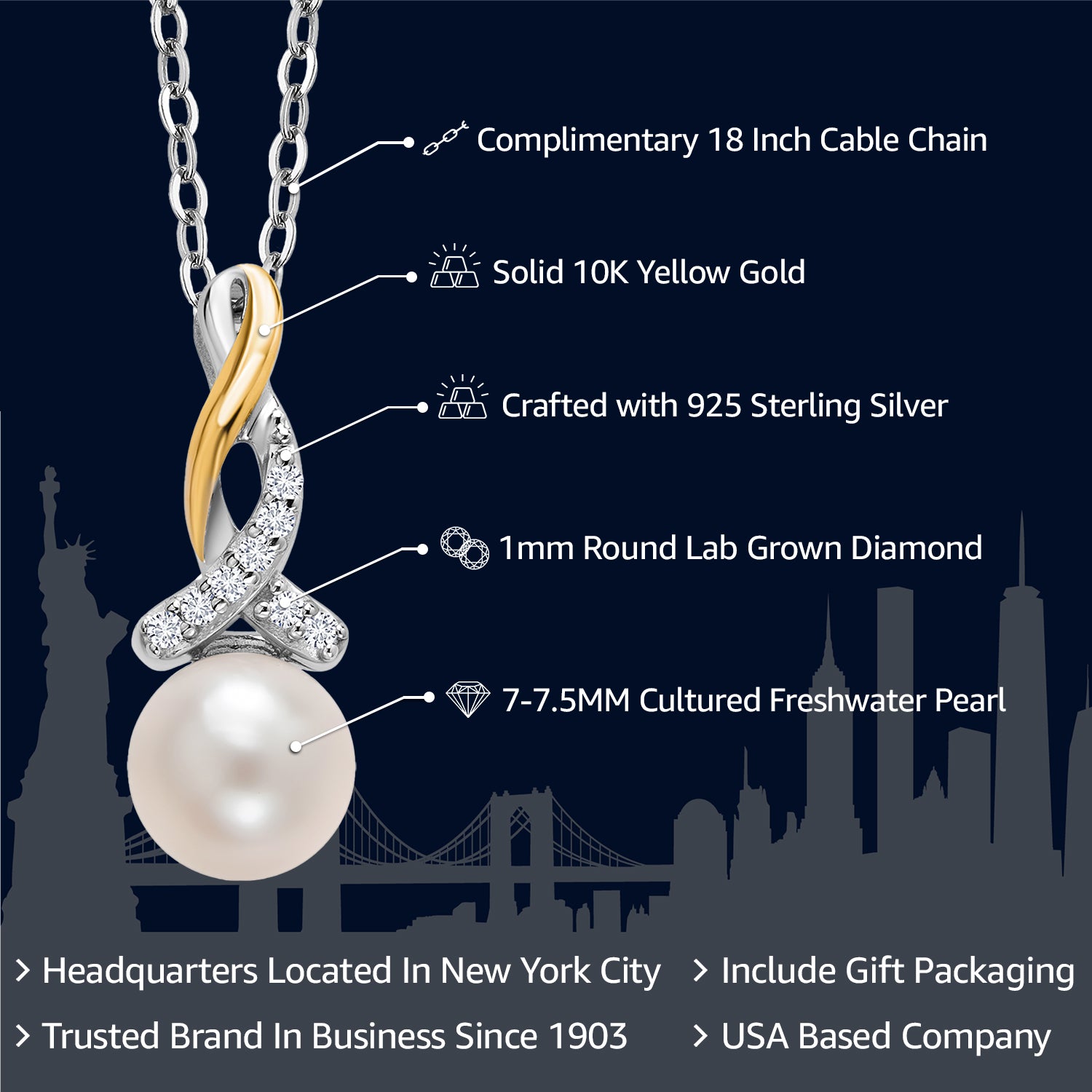 925 Sterling Silver and 10K Yellow Gold 7-7.5MM Cultured Freshwater Pearl and White Lab Grown Diamond Pendant Necklace For Women with 18 Inch Chain