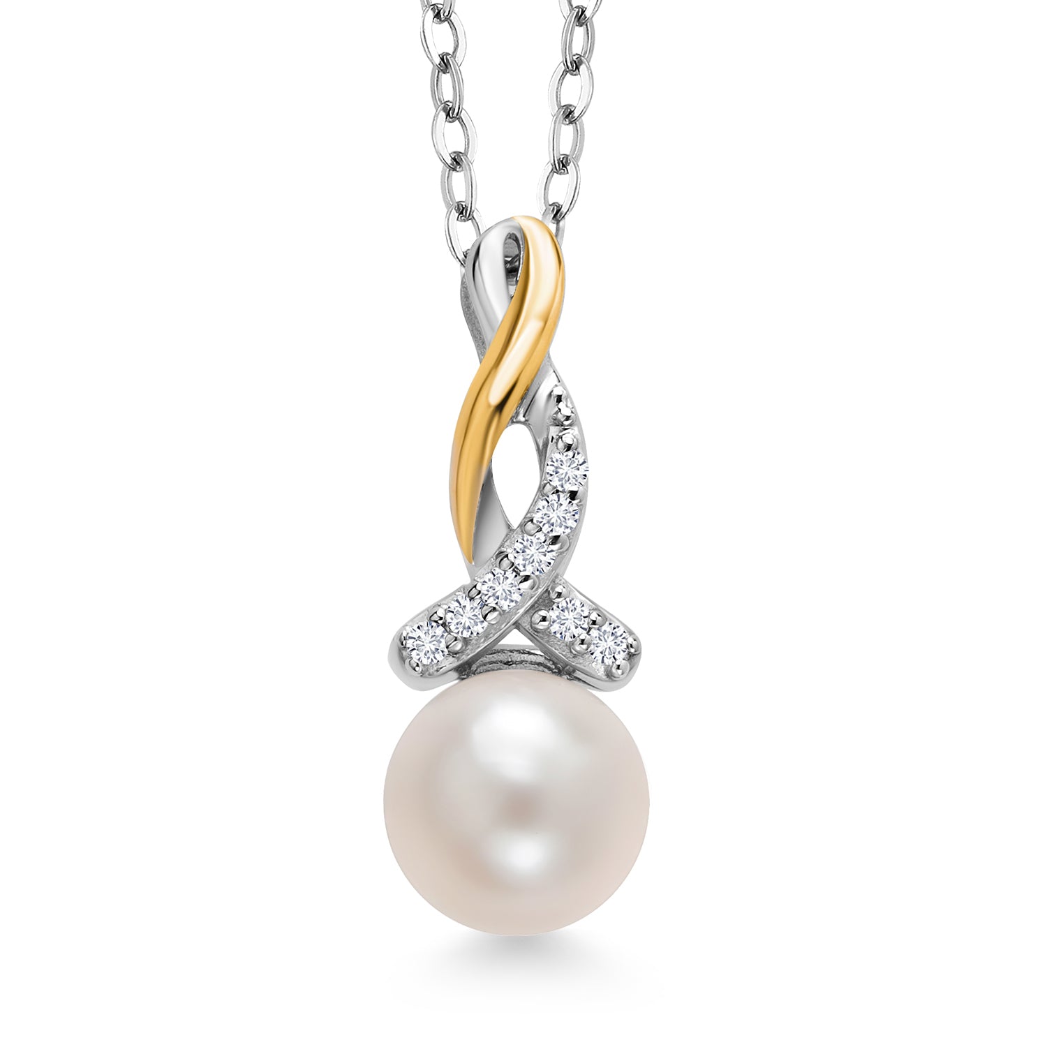 925 Sterling Silver and 10K Yellow Gold 7-7.5MM Cultured Freshwater Pearl and White Lab Grown Diamond Pendant Necklace For Women with 18 Inch Chain