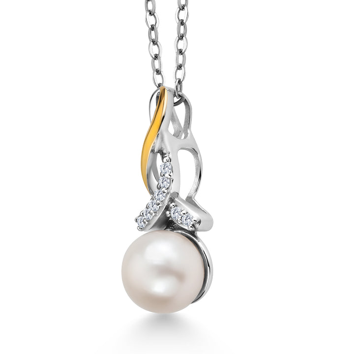 925 Sterling Silver and 10K Yellow Gold 7-7.5MM Cultured Freshwater Pearl and White Lab Grown Diamond Pendant Necklace For Women with 18 Inch Chain