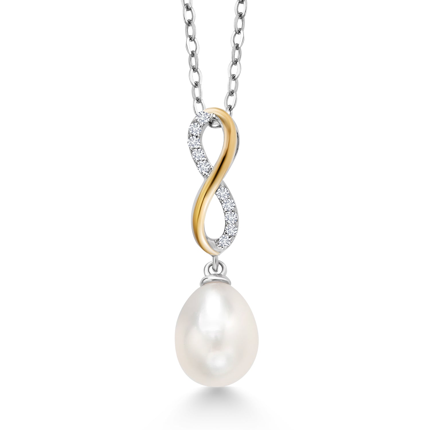 925 Sterling Silver and 10K Yellow Gold 10X8MM Cultured Freshwater Pearl and White Lab Grown Diamond Pendant Necklace For Women with 18 Inch Chain