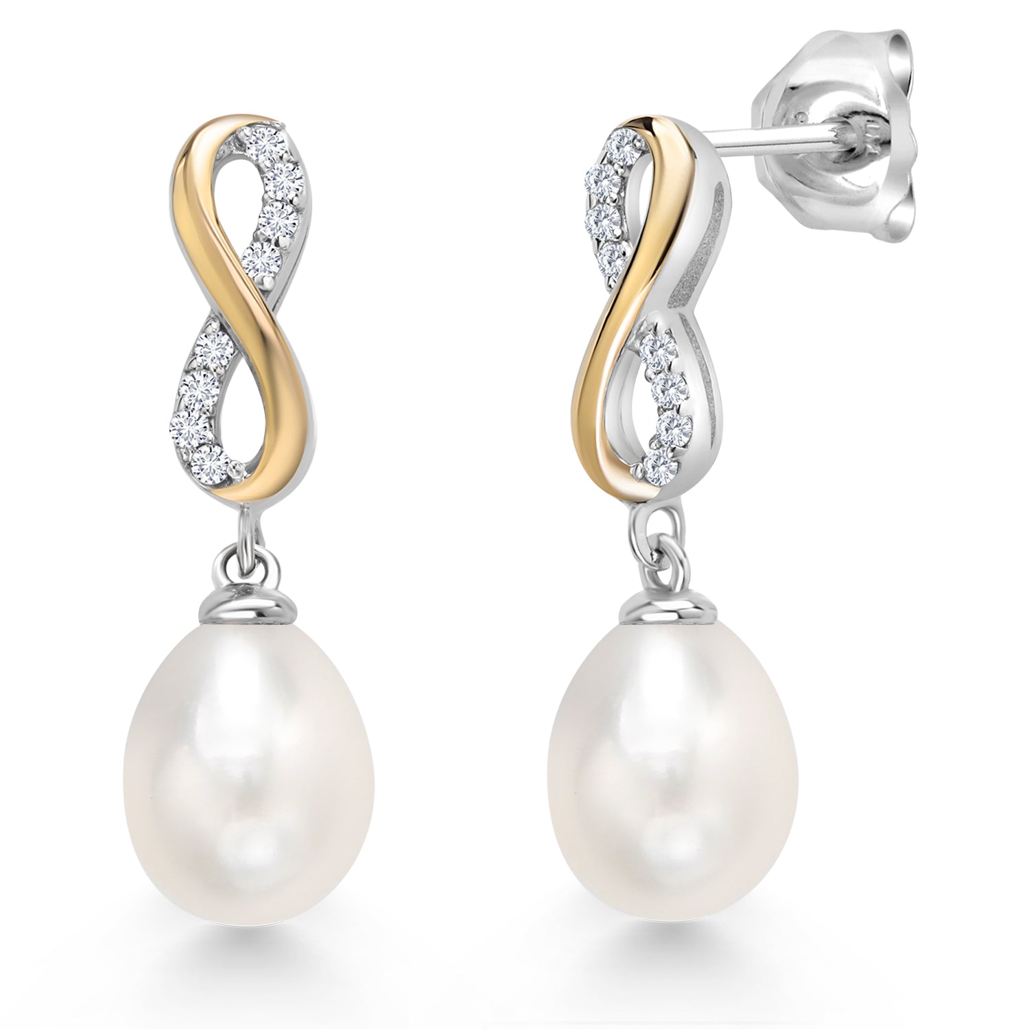 925 Sterling Silver and 10K Yellow Gold Dangling 7x9MM Cultured Freshwater Pearl and White Lab Grown Diamond Infinity Dangling Earrings for Women