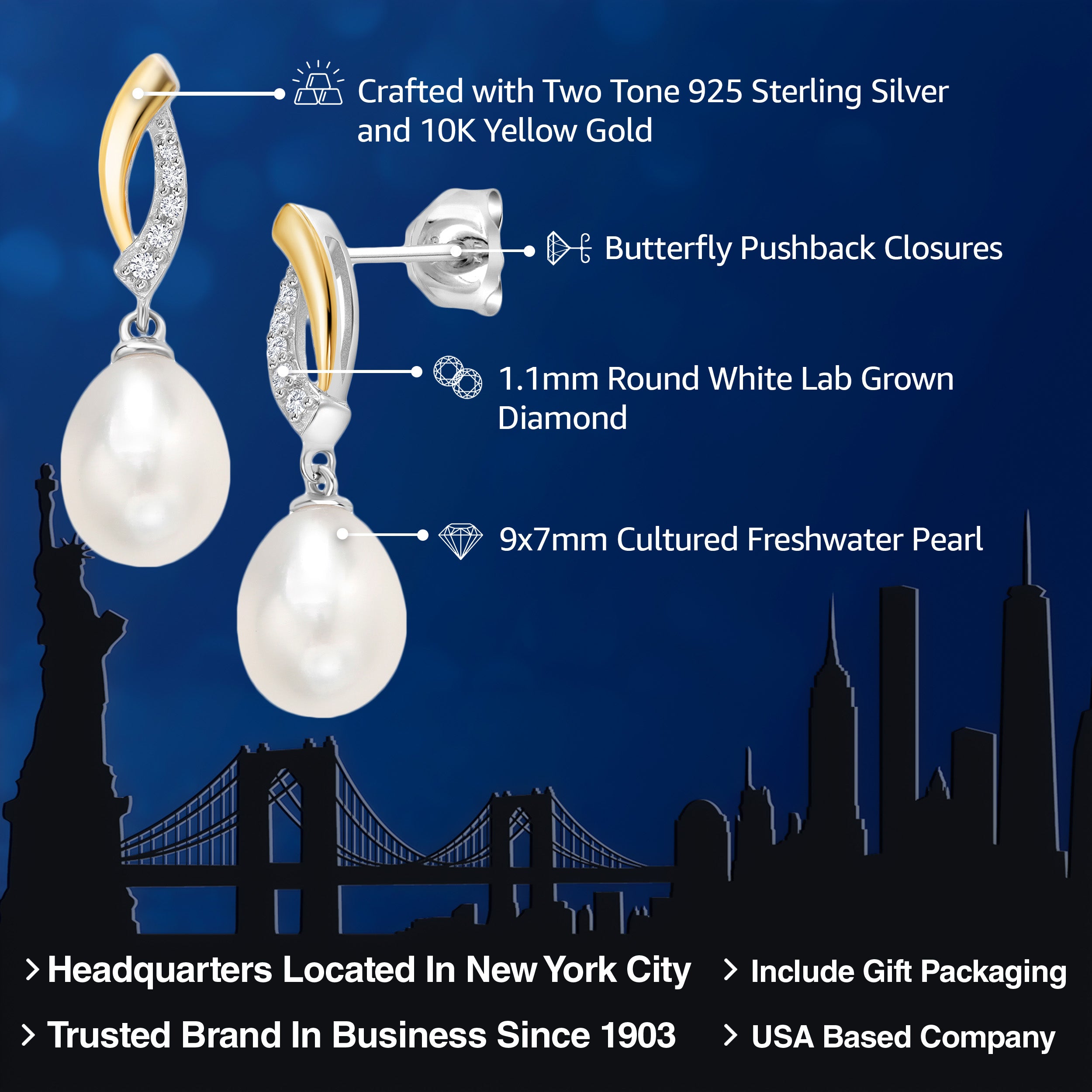 Earrings in 925 Sterling Silver and 10K Yellow Gold